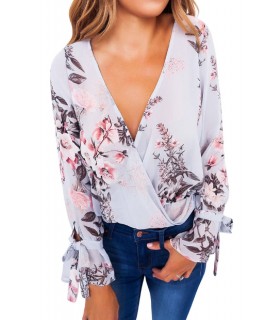 Light blue floral pattern long-sleeved wrap-look v-blouse