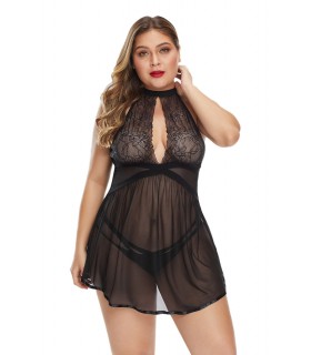 Black lace-orned babydoll with peek opening (plus size)