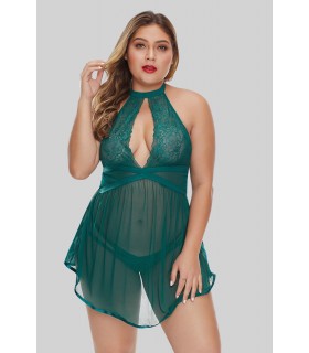 Green lace-orned babydoll with peek opening (plus size)