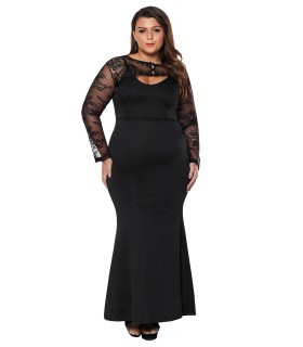 Musta pitsihihainen pitkä juhlamekko (plus size)