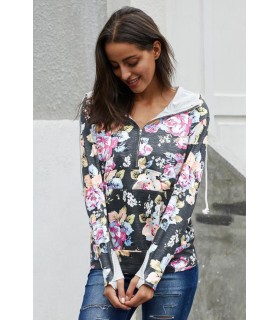 Floral pattern hoodie with zipper