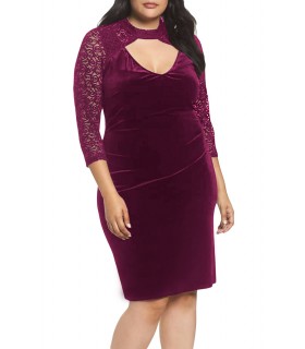Burgundy lace-ornate velvet dress with peek opening (plus size) [LAST CHANCE]