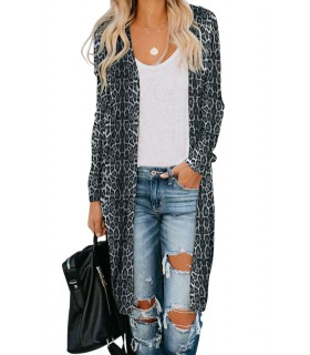Grey Leo Patterned Long Open Cardigan