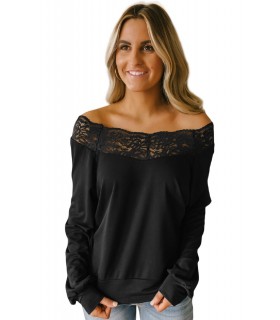 Black off-shoulder lace-ornamented loose shirt