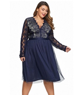 Blue long sleeve skater v-lace dress (plus size)