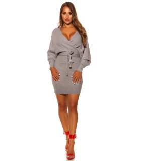 Koucla grey bat sleeve wrap-look v-knit dress with ribbon belt