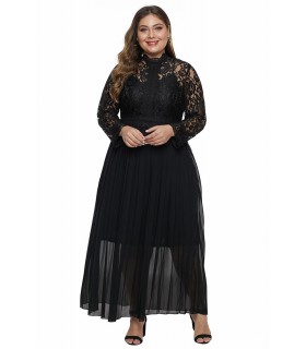 Musta pitkähihainen pitkä juhlamekko pitsillä (plus size)