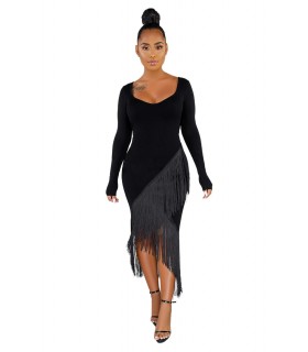 Black long-sleeved fringed dress