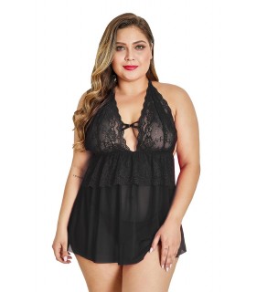 Musta pitsikoristeinen röyhelöbabydoll (plus size)