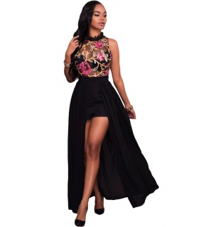 Musta kukkakirjailtu playsuit maksimekko
