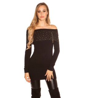 Black riveted off-shoulder long knit