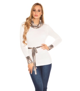 Koucla White High Collared Plaid Knit with Belt [DISCOVERY]