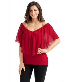Red ruffled shirt with slit sleeves (plus size)