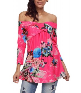 Pink floral pattern long-sleeved off-shoulder shirt [LAST CHANCE]