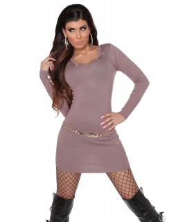 Koucla taupe decorative embroidered knit dress with rhinechews