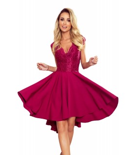 Numoco Patricia burgundy high low party dress with lace [LAST CHANCE]