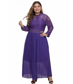 Purple long-sleeved long party dress with lace (plus size)