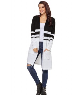 White and black long cardigan with pockets