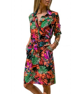 Colorful leaf pattern shirt dress