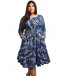 Blue leopard print long sleeve dress (plus size)