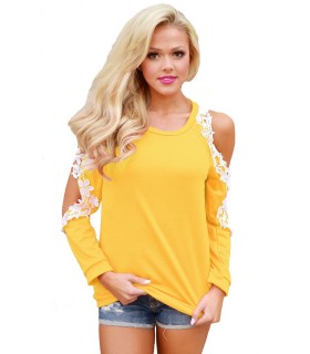 Yellow lace embroidered shirt with slit sleeves