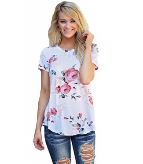 White rose pattern short-sleeved shirt