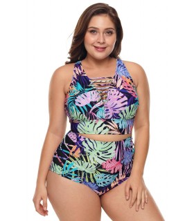 Colorful leaf pattern high-waisted bikini with ribbons