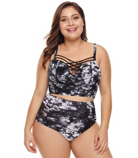 Black and white print pattern high-waisted lattix-embedded bikini