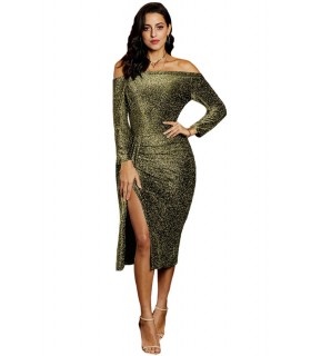 Grön metallglitter off-shoulder midimekko med slits