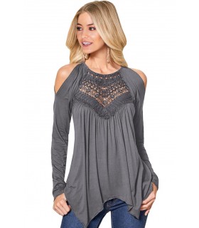 Grey Decorative Embroidered Shirt with Shoulder Shreds [TAMMIALE]
