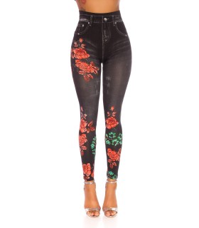 Black red rose/green leaf pattern high-waisted denim leggings