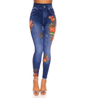 Blue red-blue pattern high-waisted denim leggings
