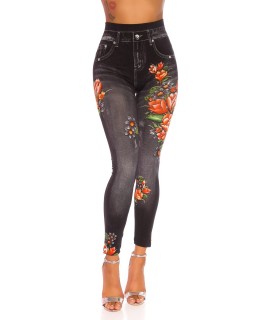 Black red-blueberry pattern high-waisted denim leggings