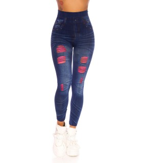 Blue pink high-waisted denim leggings