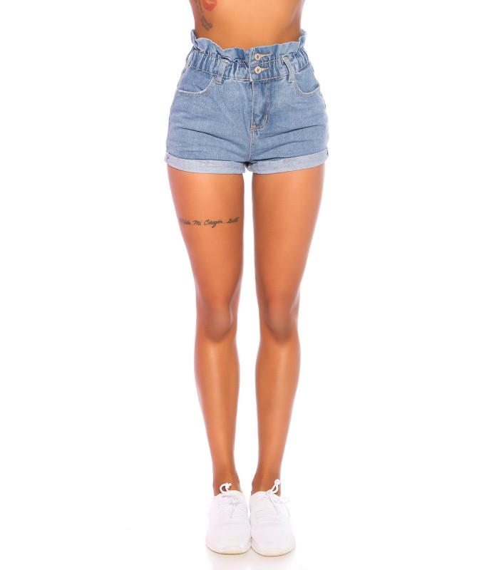 Blå papperspåse midja denim shorts