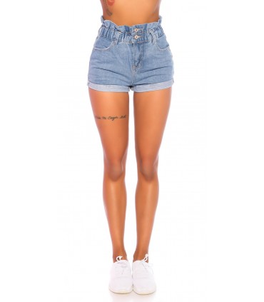 Blå papperspåse midja denim shorts