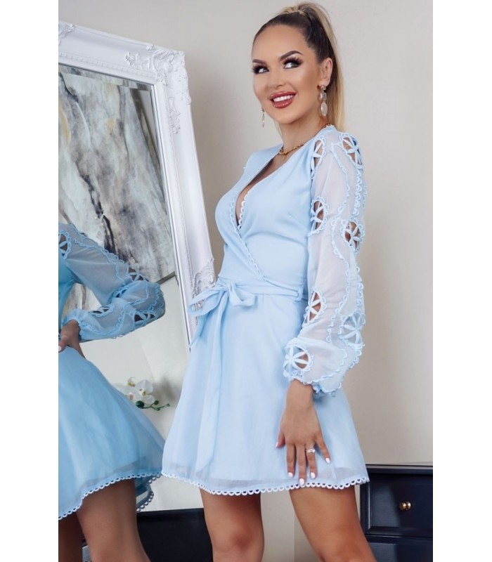Parisian ljusblå prydnadsärm v-wrap-look klänning – kuva 4