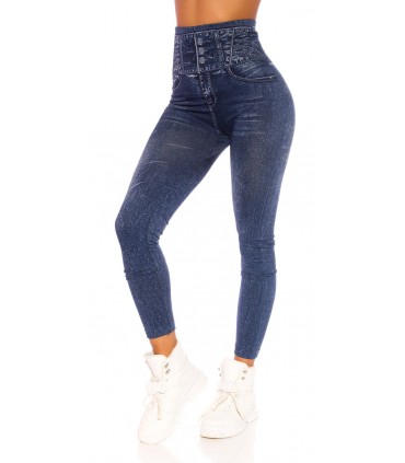 Marinblå jeansleggings med hög midja och ribbad kant