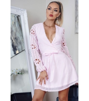 Parisian rosa dekorativ ärm v-wrap-look klänning [SISTA CHANSEN]