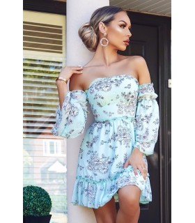 Parisian turkos off-shoulder blommig mönster klänning [SISTA CHANSEN]