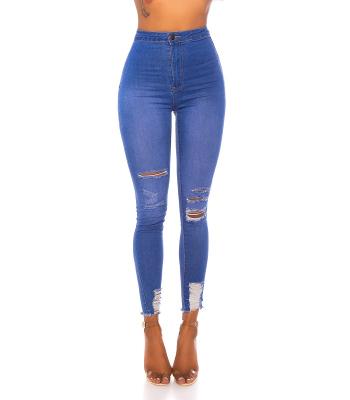 Blå hög midja slitna jeans med slitsar