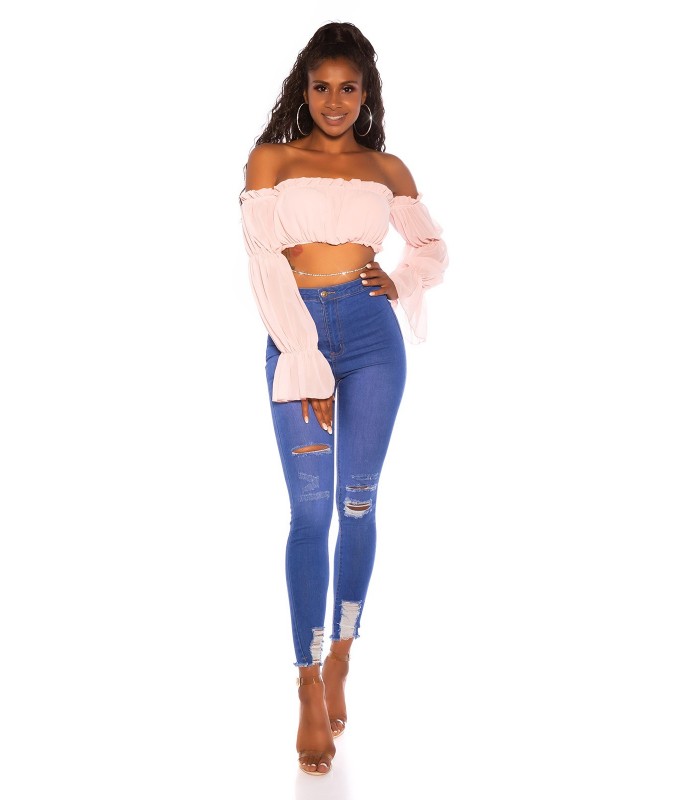 Blå hög midja slitna jeans med slitsar – kuva 3