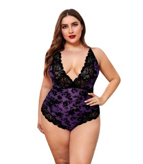 Purple black lace-ornamented v-teddy (plus size)