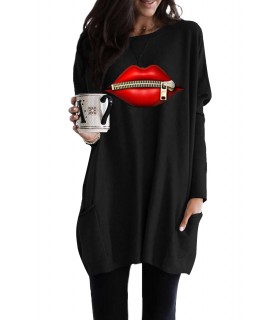 Black oversize lip print tunic with pockets