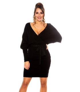 Musta lepakkohihainen wrap-look v-neulemekko vyöllä