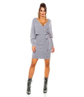 Harmaa lepakkohihainen wrap-look v-neulemekko vyöllä