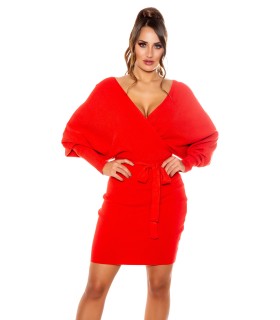 Red bat sleeve wrap-look v-knit dress with belt