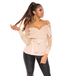 Koucla beige pitsihihainen wrap-look v-neule vyöllä [LÖYTÖ]