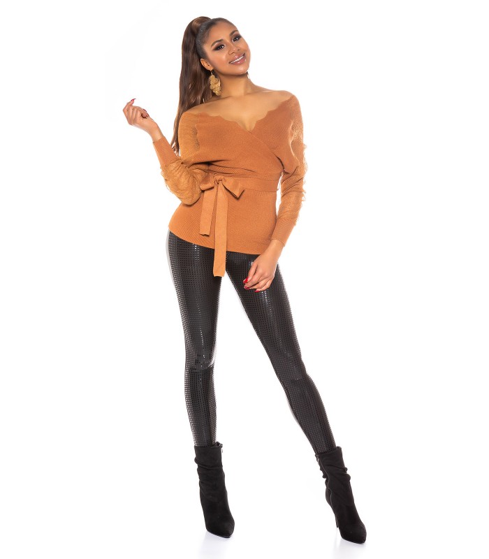 Koucla brons spetsärm wrap-look v-sticka med bälte – kuva 3