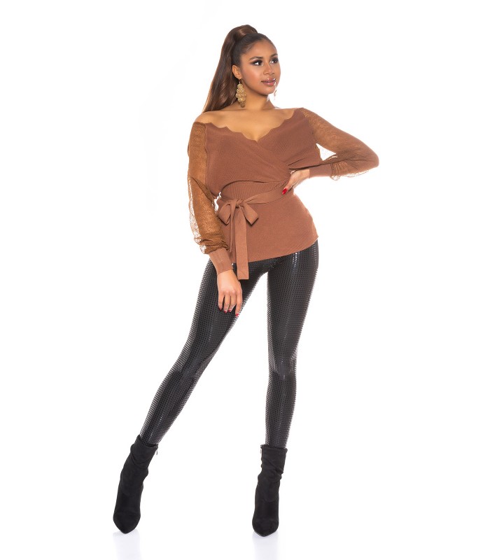 Koucla spetsärm wrap-look v-stickad med bälte – kuva 4